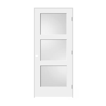 Codel Doors 30"x80"x1-3/8" Primed 3-Panel Equal Panel w/White Lami Glass Interior Shaker 6-9/16" LH Prehung Door 2668pri8433GLLH26D6916